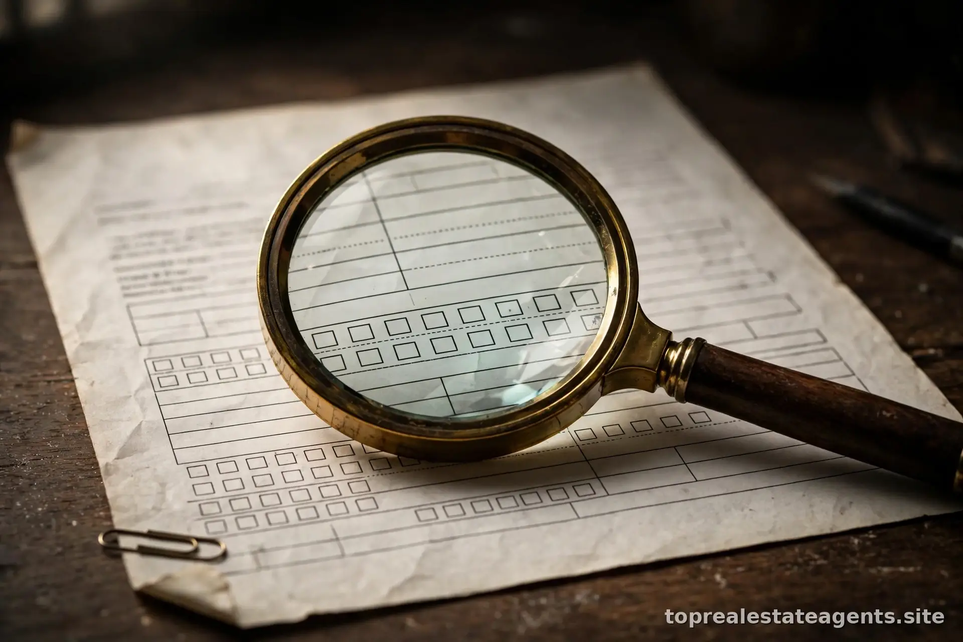 Magnifying glass over a real estate contract highlighting warning details
